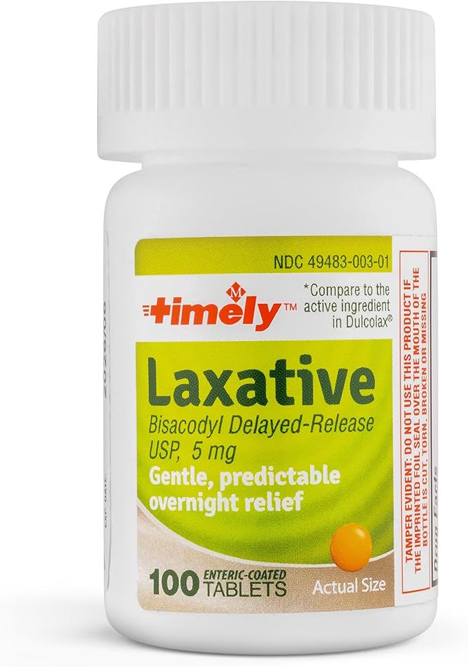 Timely Laxative Bisacodyl 5mg Tablets - Stimulant Laxatives for Constipation Fast Acting & Gentle - Overnight Constipation Relief for Adults - Compare to Active Ingredients in Dulcolax - 100 Tablets