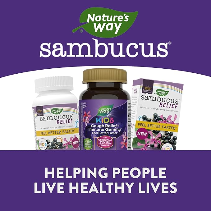 Nature's Way Sambucus Kids Cough Relief +(1) Immune Gummy*, Feel Better Faster(1), Clinically Proven South African Geranium, with Elderberry, Vitamin C & Zinc, Gluten Free, Vegetarian, 36 Gummies