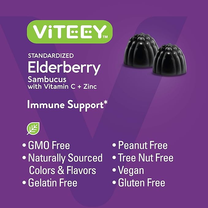 Viteey Sambucus Elderberry Gummies for Adults – Elderberry Vitamin C and Zinc Immunity Gummies - Vegan, Gluten-Free – 60 Count
