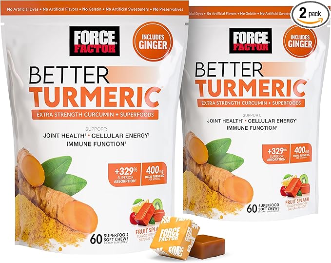 Force Factor Better Turmeric Joint Support Supplement for Extra Strength Joint Health, Featuring HydroCurc Turmeric Curcumin with Black Pepper for Superior Absorption, Fruit Splash, 120 Soft Chews