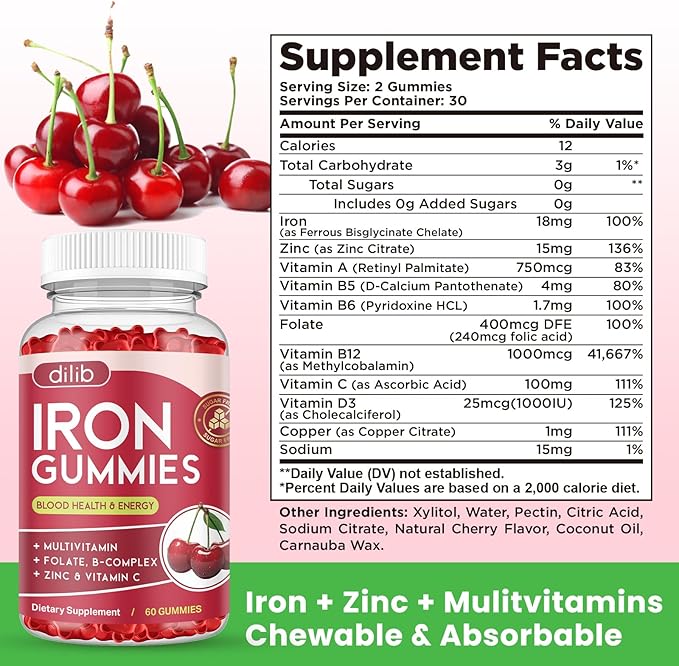 Iron Gummies with Multivitamin, Iron Supplement for Women & Men with Zinc, Vitamin B Complex & C, B12, Folate - Blood Builder & Energy Support for Adults & Kids - Cherry Flavor, Vegan 60 Gummies