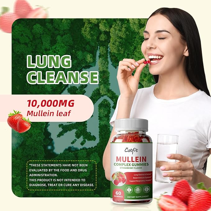 (2 Pack Mullein Gummies for Lungs – Mullein Leaf Extract with Quercetin, Elderberry for Respiratory & Immune Support,Lung Health & Breathing, Vegan, Strawberry Flavor, 60 Gummies