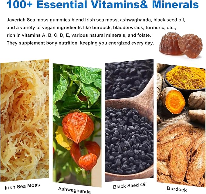 Vegan Ashwagandha Sea Moss Gummies - Black Seed Oil, Vitamin C&D for Immune Support, Digestive, Antioxidant 13 in 1 Bundle, Sea Moss Chlorophyll Advanced Strength Formula 2Pack 120 Gummies