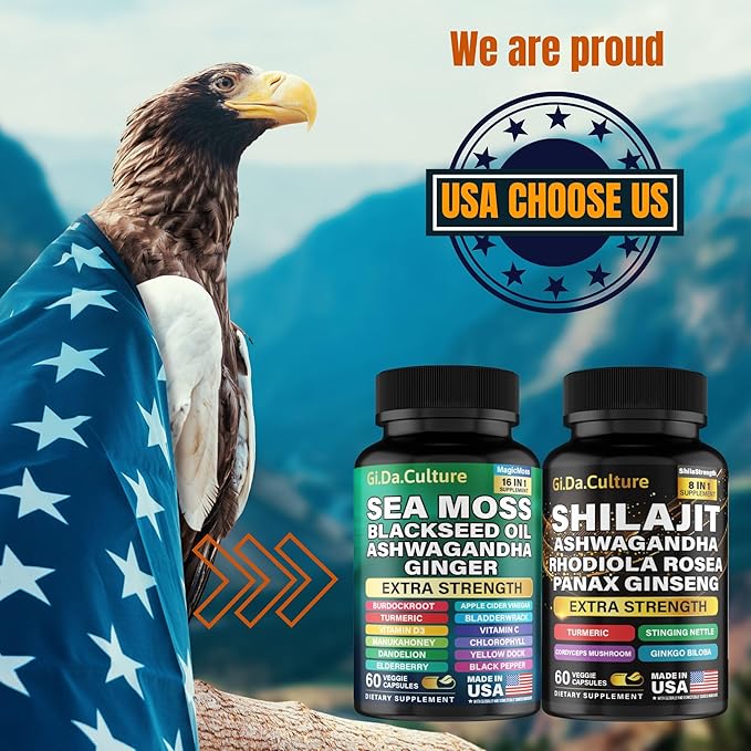 GiDa Culture Shilajit and Sea Moss Combo - Sea Moss and Shilajit Bundle with Ashwagandha, Black Seed, Turmeric, Bladderwrack, Burdock, Black Pepper with Vitamins and Antioxidants - 120 Veggie Capsules