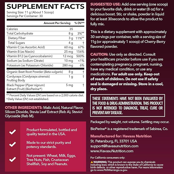 Organic Beet Root Powder with Vitamin B12 & Coryceps - Nitric Oxide Supplement - Beetroot Powder for Energy & Post Workout Recovery - Mix with Water or Smoothies, Cherry Berry Flavor - 30 Servings