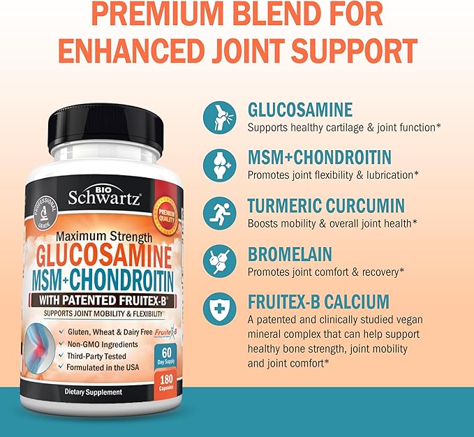 Glucosamine Chondroitin MSM Joint Support Supplement - FSA HSA Approved - Collagen Peptides, Turmeric and Ginger, Hyaluronic Acid, Glucosamine Chondroitin Sulfate - Gluten Free, Non GMO, 180 Capsules