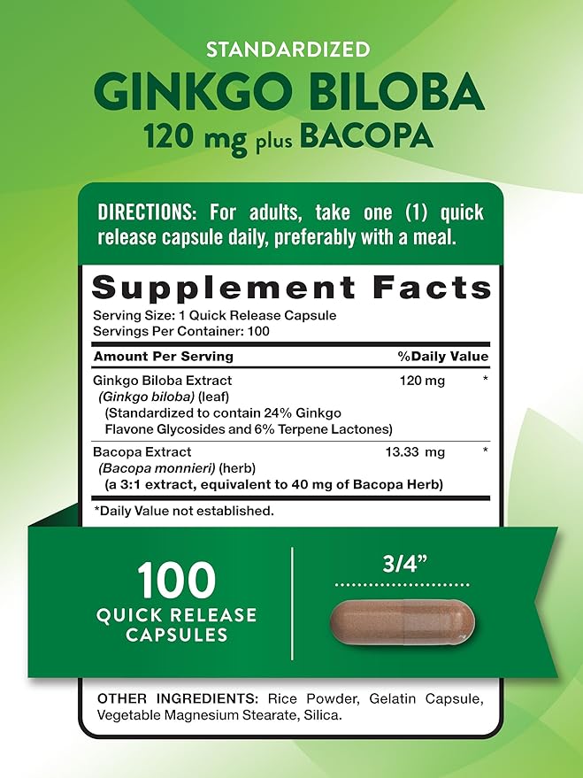 Nature's Truth Ginkgo Biloba 120mg | Plus Bacopa | 100 Quick Release Capsules | Standardized Extract | Non-GMO and Gluten Free Supplement