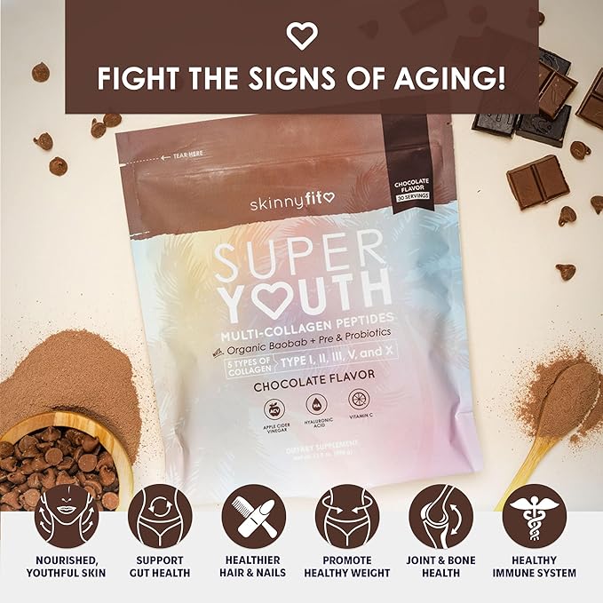 SkinnyFit - Super Youth, Chocolate (30 Servings) - Multi Collagen Peptides Powder - Probiotics, Fiber, Hyaluronic Acid - Collagen for Women - Non GMO, Gluten Free, Sugar Free - Beauty & Self Care
