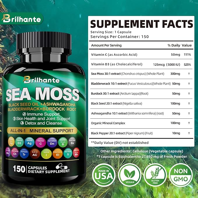 Irish sea moss capsules,organic sea moss supplement for energy and fatigue,seamoss black seed oil ashwagandha burdock root organic Mineral Complex for Gut health, skin, and joints - 150 Count