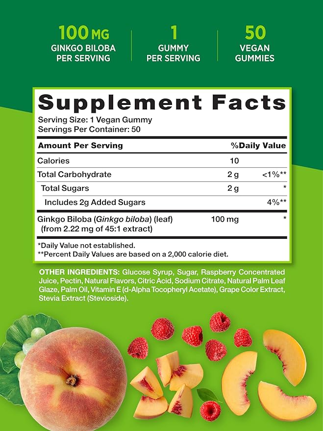 Nature's Truth Ginkgo Biloba Gummies | 100mg | 50 Count | Peach Raspberry Flavor | Vegan, Non-GMO & Gluten Free Extract Supplement