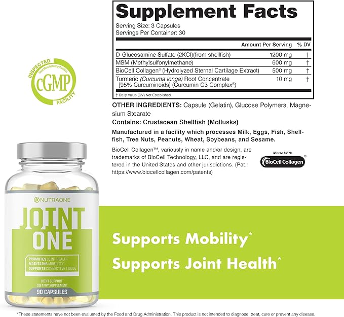 JointOne Joint Support by NutraOne - Joint Supplement for Women and Men to Help Maintain Joint Health with Collagen, Glucosamine, and Turmeric* (90 Capsules)