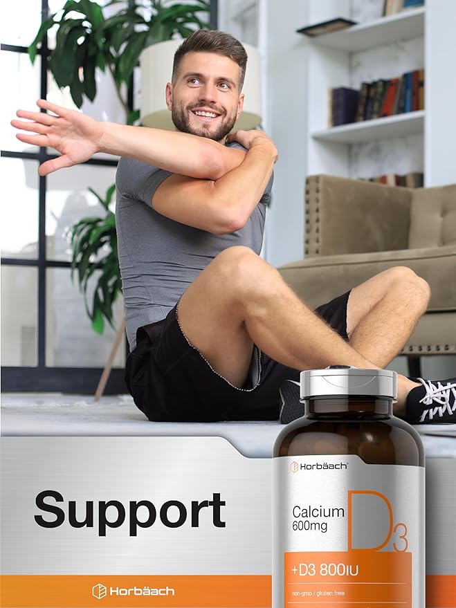 Horbäach Calcium Supplement with Vitamin D3 | 600 mg | 500 Coated Caplets | Non-GMO and Gluten Free