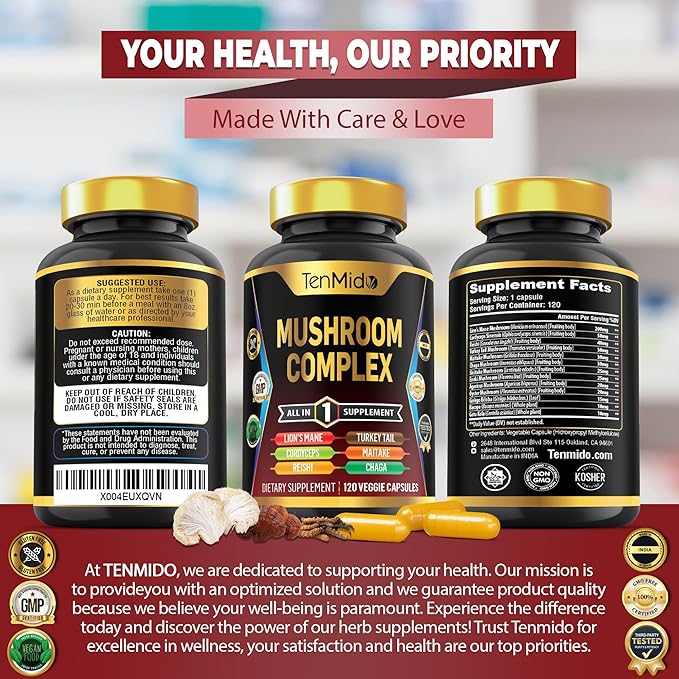 Mushroom Complex Supplement - 13in1 Formula - Blend Lion's Mane Mushroom, Cordyceps Sinensis, Reishi, Turkey Tail, Maitake, Chaga, Shiitake, Enoki, & More - 120 Capsules for 4 Months Supply