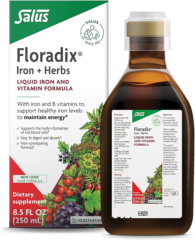 Floradix by Salus Iron & Herbs - Liquid Herbal Supplement for Energy Support* - Iron Supplement with Vitamin C & B Complex Vitamins - for Men & Women - 8.5 Fl Oz