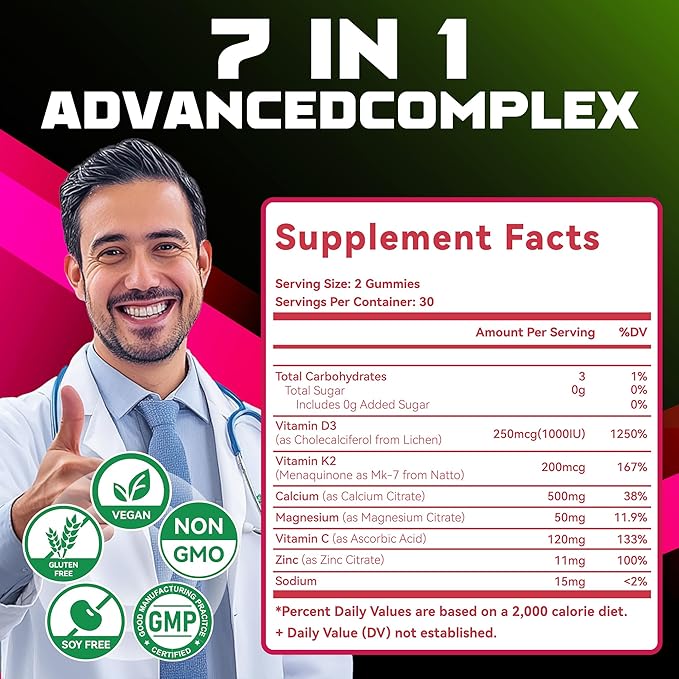 Sugar-Free Vitamin D3 K2 Gummies with Calcium + K2 (MK-7), Magnesium Citrate, Vitamin C, Extra Strength - Ultimate Absorption for Bone Muscle Teeth Immune, Vegan - 120 Gummies