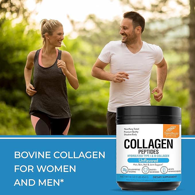 Sandhu's Collagen Peptides Powder|1 lb, 22 Servings Unflavored| Grass-Fed Hydrolyzed Bovine Collagen |Made in USA| Supports Youthful Skin, Hair, Nails, Mobility, Flexibility, Joint & Bone Health