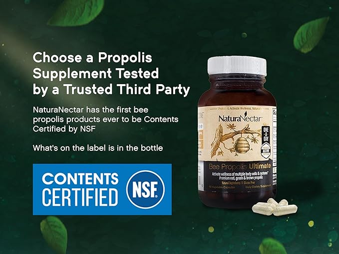 NaturaNectar - Ultimate Bee Propolis Capsules - NSF Contents Certified -Brazilian Red, Brown, & Green - Gluten-Free Supplement with Flavonoids - Naturally Sourced Through Ethical Beekeeping (60pcs.)