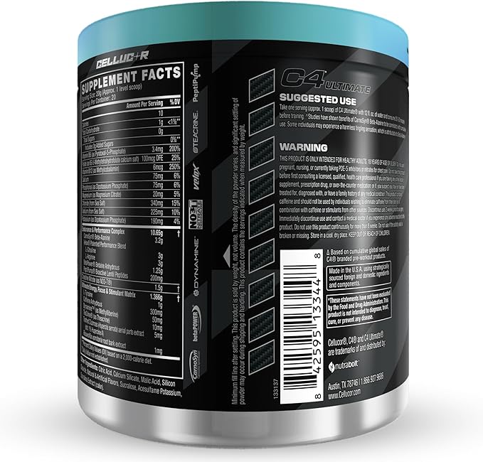 Cellucor C4 Ultimate Pre Workout Powder - Sugar Free Preworkout Energy Supplement for Men & Women - 300mg Caffeine + TeaCrine + Dynamine + Creatine - Frozen Bombsicle, 20 Servings