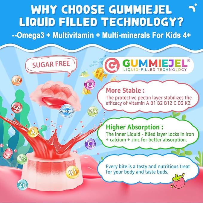 Omega 3 Gummies (EPA/DHA) for Kids 4+, Kids Multivitamin A B1 B2 B12 C D3 K2, Calcium, Iron, Zinc, Selenium, lodine for Brain Cognition, Eye, Bone, Energy, Immune, No Fish Taste, Sugar Free