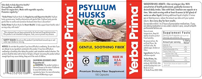 Yerba Prima Psyllium Husks Veg Caps - 180 Count (Pack of 3) - Vegan, Non-GMO, Gluten Free, Colon Cleanser, Daily Fiber Supplement for Gut Health & Regularity