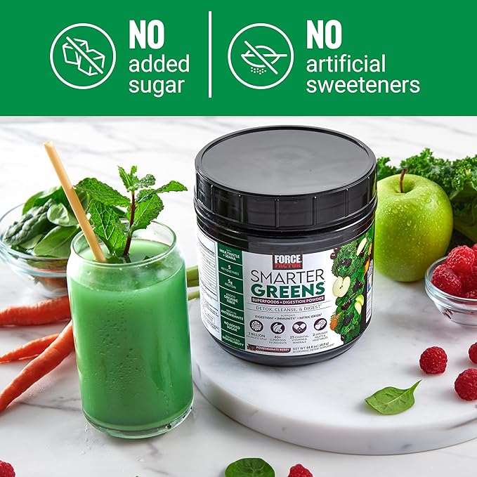 Force Factor Smarter Greens Superfoods + Digestion Powder, 3-Pack, Greens Powder with 2 Billion Probiotics, Digestive Enzymes, and Antioxidants to Detox, Cleanse, and Support Immunity, 90 Servings