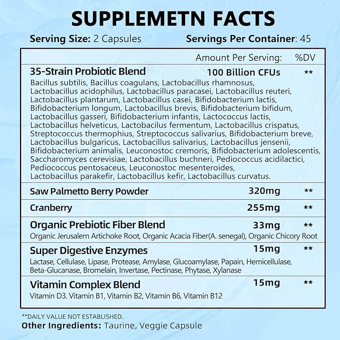 ZEBORA Probiotics for Men 100 Billion CFU - Probiotics for Digestive Health, Men's Probiotic Supplement, Prebiotics & Enzymes, for Prostate Health with Saw Palmetto | 90 Veg Capsules