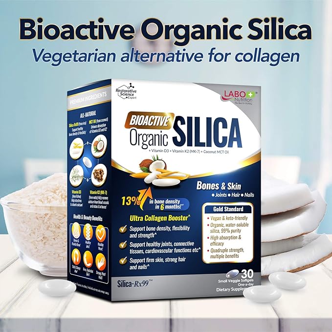 LABO Nutrition Bioactive Silica – For Hair, Skin, Nails, Collagen Formation, Joint & Bone Strength – Support Bone Health & Collagen Booster– 99% Purity Rice-Derived Silica Supplement, 30 Vegan Softgel