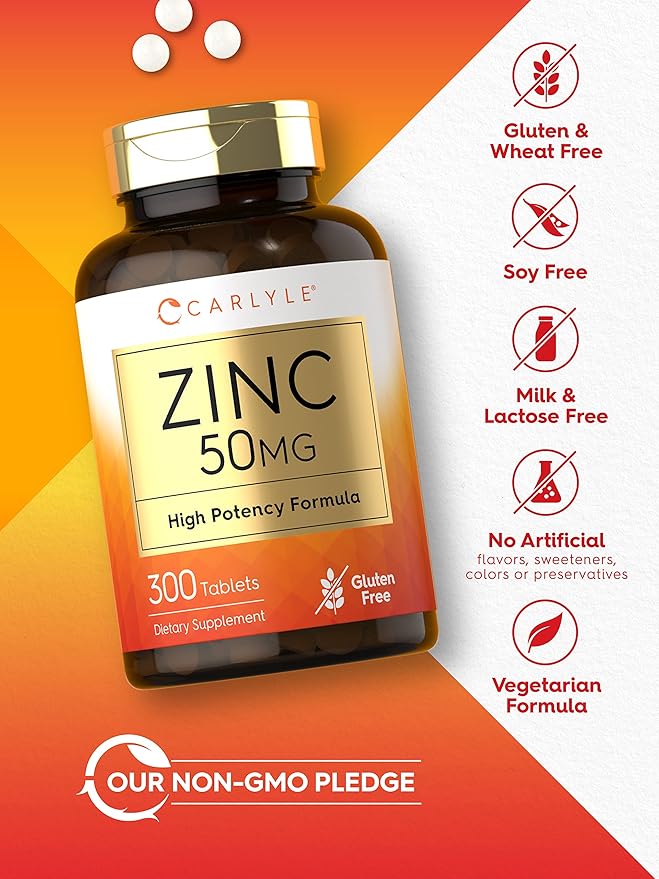 Carlyle Zinc 50mg | 300 Tablets | Vegetarian, Non-GMO, and Gluten Free Supplement | Zinc Gluconate | High Potency Formula