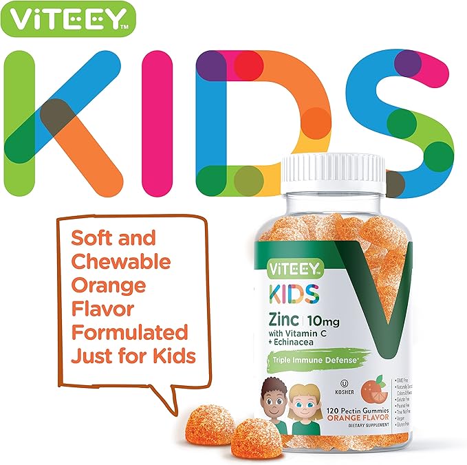 Zinc for Kids Gummies 10mg, with Vitamin C & Echinacea - Immune Support, Powerful Natural Antioxidant, Kids Zinc Vitamin Supplement - Vegan, Gelatin Free - Tasty Chewable Orange Flavor Gummy
