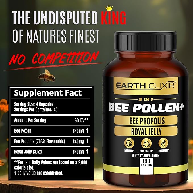 3-in-1 Organic Bee Pollen Capsule – Non-GMO, Pure Raw Bee Pollen, Royal Jelly, Propolis Extract for Women & Men – Natural Energy, Immune & Vitality Support – 180 Propolis Capsules