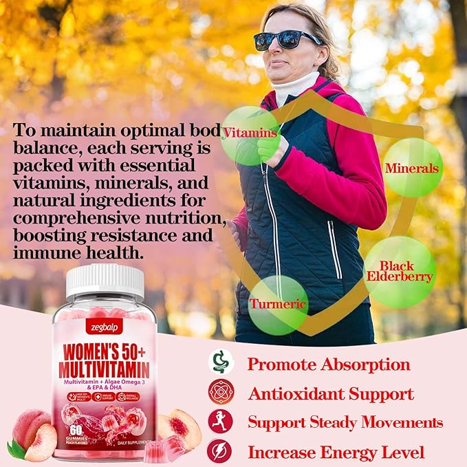 Sugar-Free Womens Multivitamin 50 Plus Gummies with Calcium, Magnesium, Zinc, Vitamin A, C, D3, E, K2, B Complex, Folate, Biotin - Multi Vitamins & Minerals for Skin, Energy, Immune Support