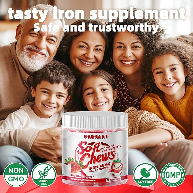 Iron Soft Chew Supplement with Vitamin C | Strawberry Flavored | Gluten Free | Iron Supplement for Women Men and Kids | 60 Count | 2 Month Supply