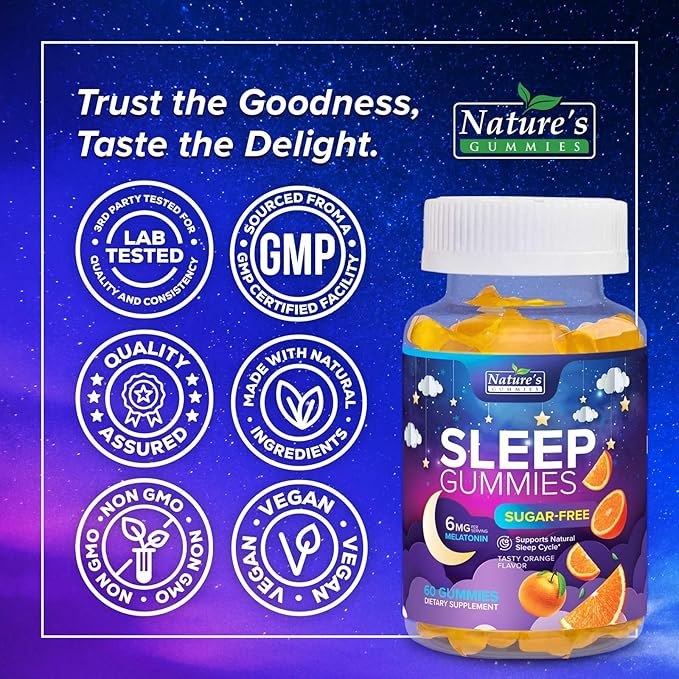 Sleep Gummies for Adults 6mg - Sugar Free Extra Strength Melatonin Gummy, Natural Sleeping Gummy for Adults, Kids, Orange Flavored, Vegan, Non-GMO, Sleep Vitamin Support Supplement - 60 Gummies