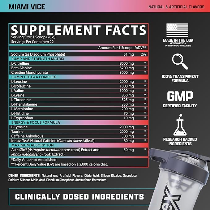 Nutrex Research Outlift Clinical | Clinically Dosed Pre Workout Powder with Creatine, 8G Citrulline, EAA | Energy, Performance, Pump Preworkout | Pineapple and Coconut | (22 Servings, Miami Vice)