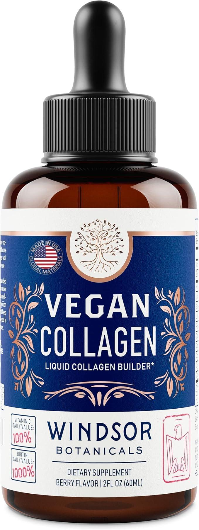 WINDSOR BOTANICALS Vegan Collagen Builder Liquid Supplement - Collagen Booster with Vitamin C, Biotin, Hyaluronic Acid & Amino Acids - Organic Fruit & Vegetable Blend - 60ml, 30 Day