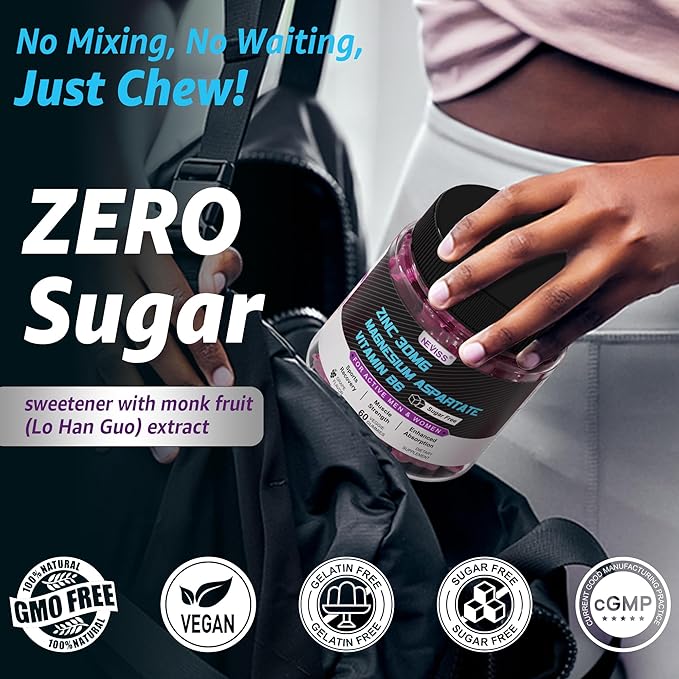 Zinc and Magnesium Supplement (Made in USA), Zinc Magnesium Aspartate Post Workout Gummies for Men Women, w/Vitamin B6, B12, D3, Turmeric for Nighttime Muscle Recovery, Boost Immunity & Sleep, 120 Cts