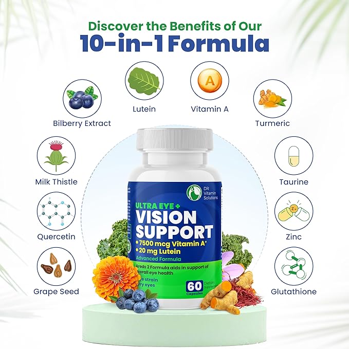 DR VITAMIN SOLUTIONS Vision Support Eye Vitamins for Macular Health | Supplements with Lutein, Zinc, Vitamin A & Bilberry | Areds 2 Formula for Red & Dry Eyes, Sight Care (1 Bottle, 60 Capsules)