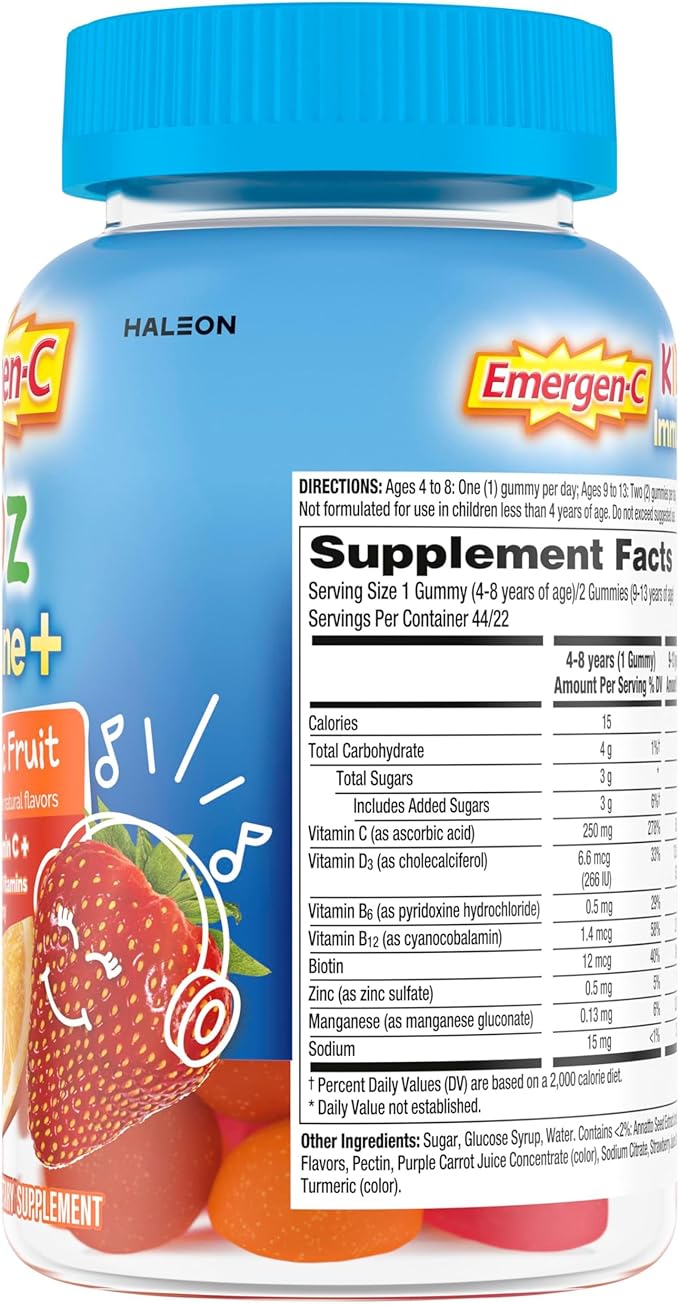 Emergen-C Kidz Immune+ Immune Support Dietary Supplements, Flavored Gummies with Vitamin C, B Vitamins and Vitamin D for Immune Support, Fun-Tastic Fruit Flavored Gummies - 44 Count