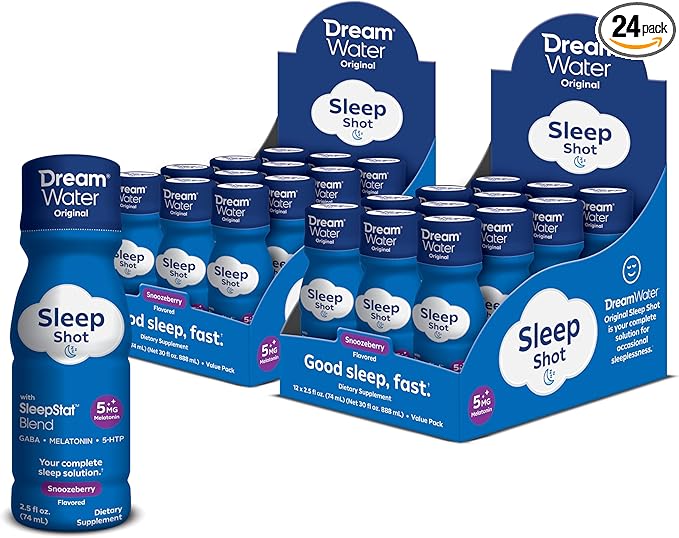 Dream Water Sleep Aid Supplement Drink; Melatonin 5mg, GABA, 5-HTP; Zero sugar, Natural flavors, No added colors, 2.5 oz liquid sleep shots, Snoozeberry, 24-Count
