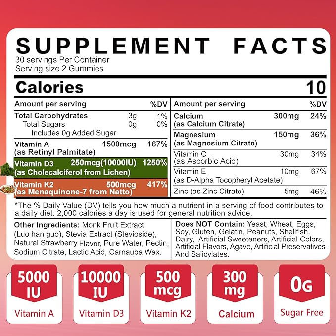 Vitamin D3 10000 IU + K2 (MK7) 500mcg + A 5000IU Gummies w/ Magnesium Calcium for Women & Men, Vegan K2 D3 Vitamin Supplement (Made in USA) for Stronger Bone, Muscle, Vision, Immune, Sugar Free 2Packs