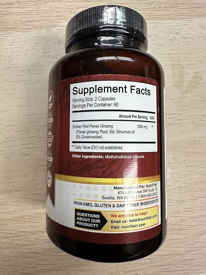 NutriFlair Korean Red Panax Ginseng 1600mg – 120 Vegan Capsules | 5% Ginsenosides | Non-GMO, Gluten-Free | Natural Energy & Focus Support | Made in USA
