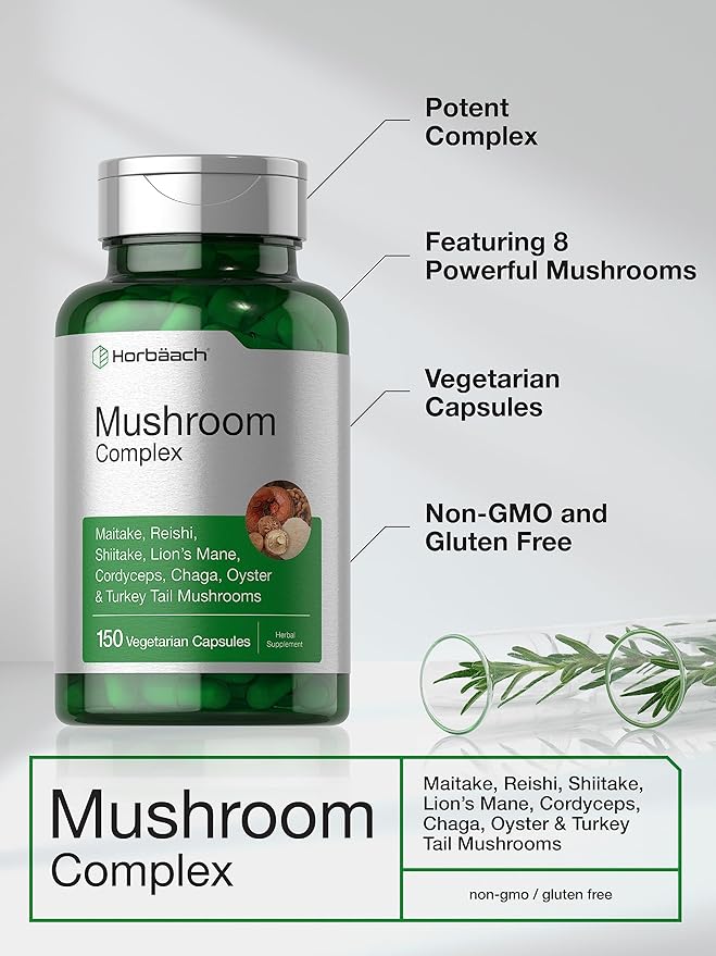 Horbäach Mushroom Complex Capsules | 150 Count | Non-GMO & Gluten Free Supplement | Reishi, Chaga, Lions Mane, Cordyceps, Maitake, Shiitake, Oyster and Turkey