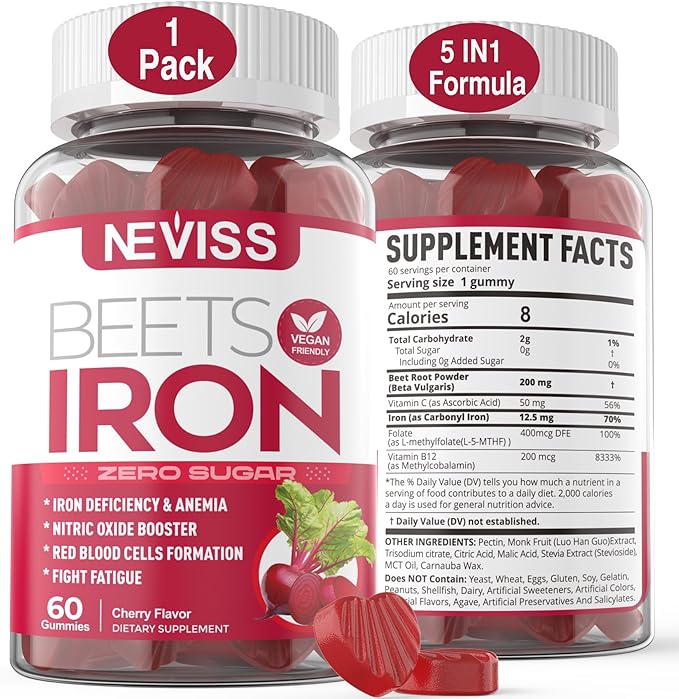 Beet Root Gummies with Iron, Methyl B12, Folate, Vitamin C - Made in USA - Increase Nitric Oxide & Iron Levels, Energy Support, Fight Fatigue, Beetroot & Gentle Iron Supplement, Sugar Free, 60 Counts