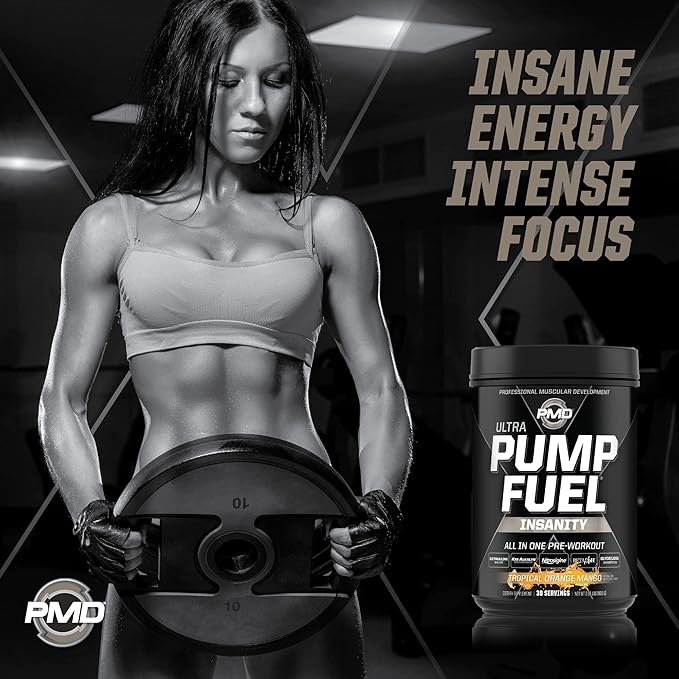 PMD Sports Ultra Pump Fuel Insanity - Pre Workout Drink Mix for Energy, Strength, Endurance, Recovery - Complex Carbohydrates and Amino Energy - Tropical Orange Mango (30 Servings)
