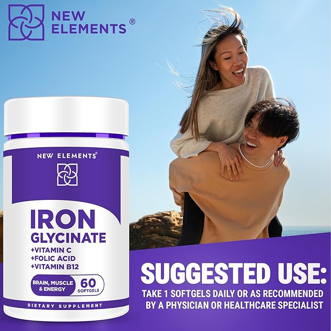 Iron Glycinate 50mg with Vitamin C, Folic Acid & B12 | Advanced Iron Supplement for Anemia Relief, Energy Boost & Immune Support | Gentle on Stomach, Fast Absorption | Natural Softgels for Women & Men