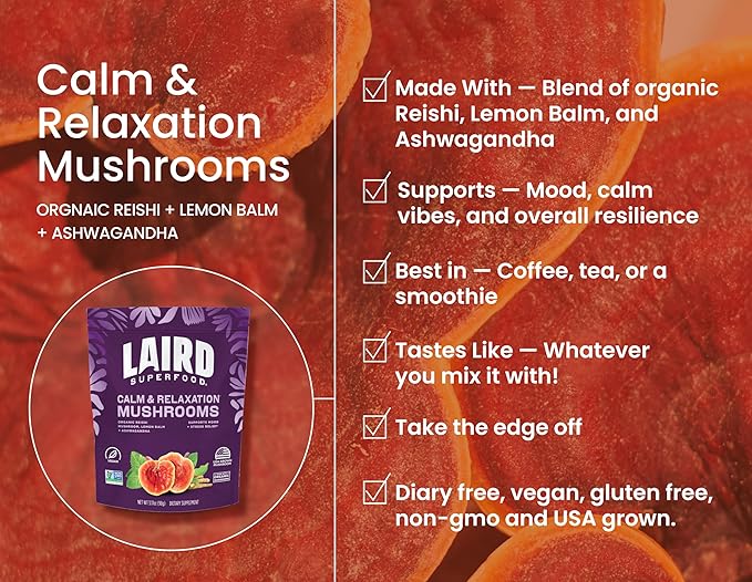 Laird Superfood Organic Calm and Relax Mushroom Blend with Reishi, Lemon Balm, and Ashwagandha, 3.17 oz. Bag, Pack of 1