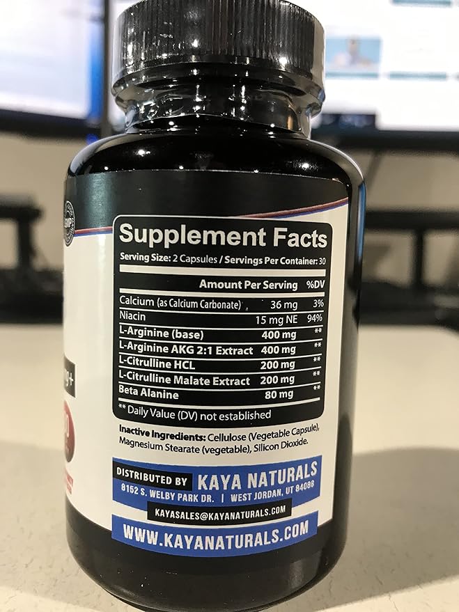 Kaya Naturals - L-Arginine All-Natural Herbal Supplement for Maximum Health Benefits | Pre-Workout | Energy | Improved Nighttime Performance | - 60 Capsules