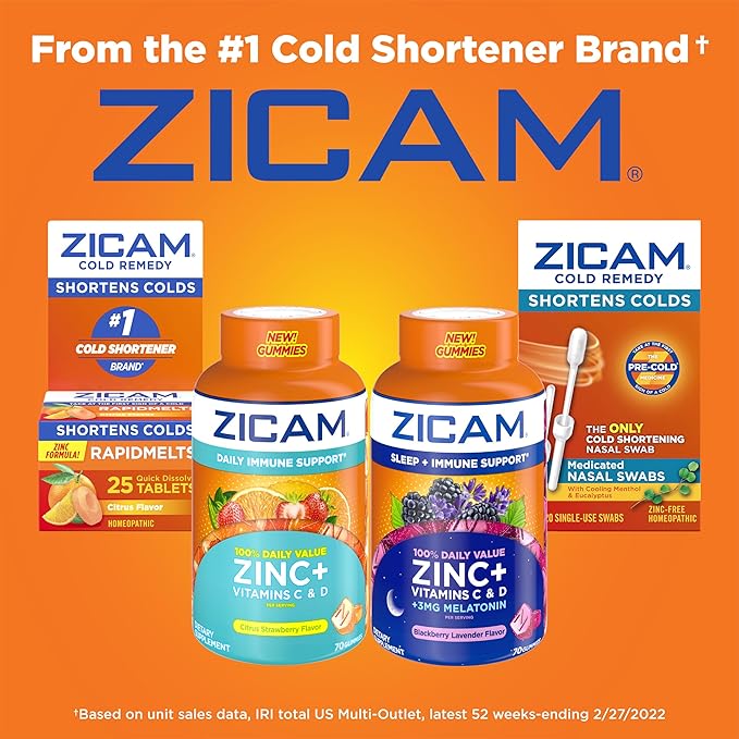 Zicam Daily Immune Support, Gummy Supplement, Zinc, Vitamin C and Vitamin D, Citrus Strawberry Flavor, 70 Count