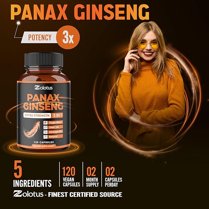 Zolotus Korean Red Panax Ginseng + Ginkgo Biloba, Ashwagandha, Beetroot, Green Tea - 120 Capsules for 2 Month Supply