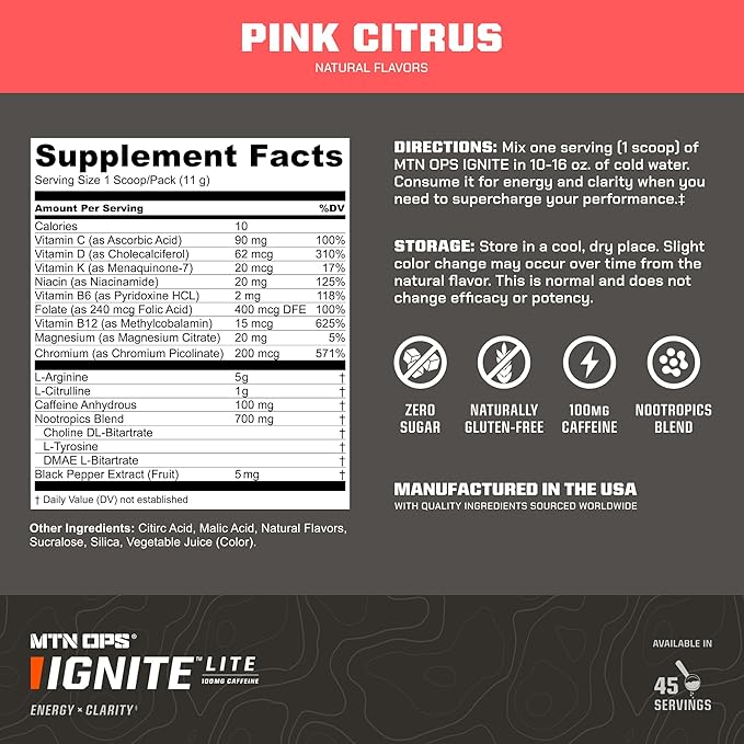 MTN OPS Ignite Lite Energy Drink Powder Gluten Free Nitric Oxide Supplement Drink Mix, L Arginine, L Citrulline, Caffeine & Nootropic Sugar Free Drink Mix, 45 Servings, Pink Citrus